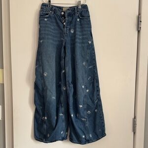 We The Free Blue Embroidered Flare Jeans